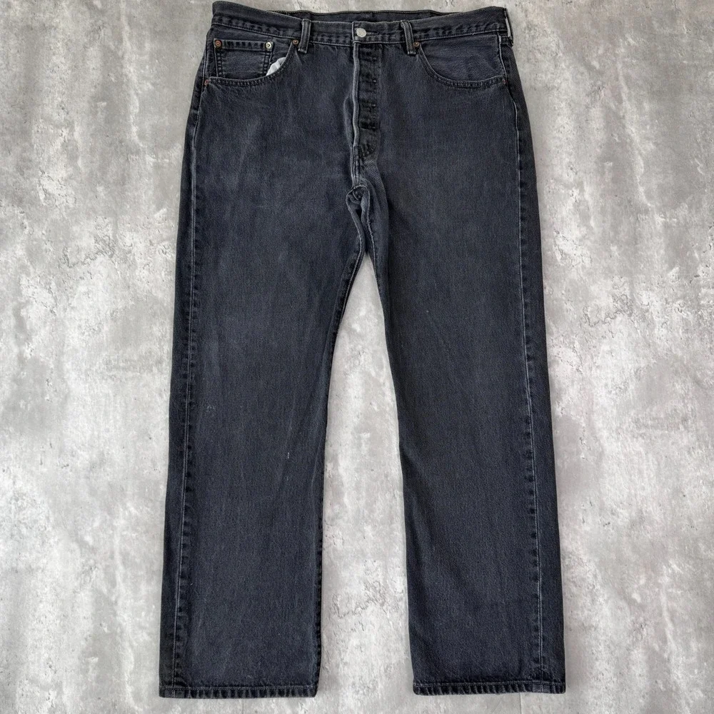 Levis 501 Jeans Mens 38x32 Faded Black Straight Leg Button Fly Denim 2000s